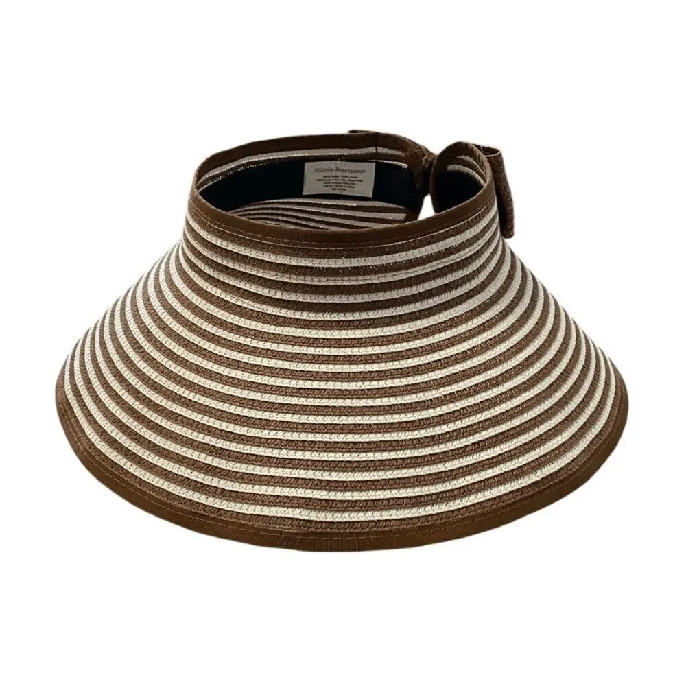 NWT Nicole‎ Marciano Brown & White Stripe Straw Hat with Bow
